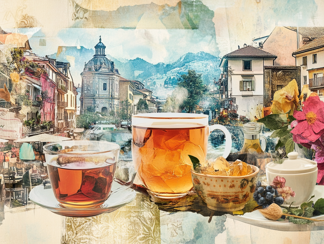 A collage of tea scenes from around the world Mexican street restaurants with herbal Poleo tisane, Swiss landscapes with iced black tea, and a charming setting with diverse tea preparations. 